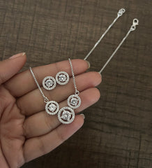 Three circle multi cz stone 18'' long necklace in pure silver
