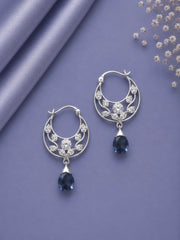 Floral cut work cz stone balis with blue cz stone drops in pure silver