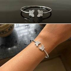 Twin butterfly cz studded open ended kada in pure silver