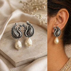 Big size antique finish peacock studs with pearl drops in pure silver
