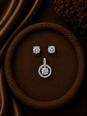 6mm cz four prong grain studs with a multi cz halo shape solitaire pendant set in pure silver