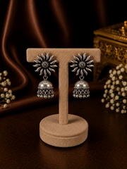 Surya pattern studs with hammered texture jhumkas in pure silver