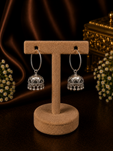 Antique rava work bold jhumkas with a 3 cm thin plain bali in pure silver