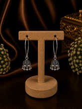 Antique finish small size jhumkas with a lockable loop in pure silver