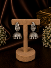Antique finish paisley peacock studs with jhumkas in pure silver