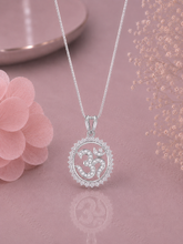 Om shape oval border pendant with multi cz stones and 18inch chain in pure silver
