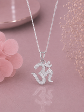 Om shape multi cz studded baguette setting pendant with an 18inch chain in pure silver