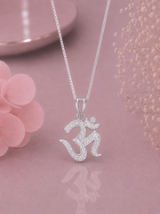 Om shape multi cz studded baguette setting pendant with an 18inch chain in pure silver
