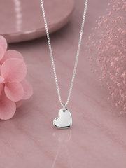 Tilted flat heart pendant with an 18'' thin chain in pure silver