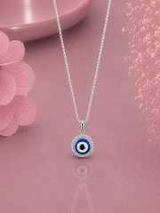 1.2 cm diameter multi cz stone studded blue evil eye pendant with an 18'' chain in pure silver
