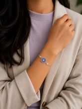 Multi colour cz stone evil eye pattern adjustable chain bracelet in pure silver