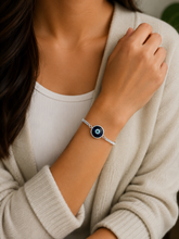 Big Evil eye bead adjustable bracelet with a ring and 7.5'' long chain in pure silver