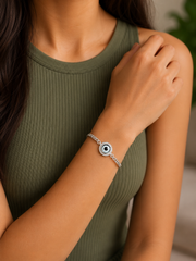 1.2 cm diameter multi cz stone studded evil eye 7'' long adjustable bracelet in pure silver