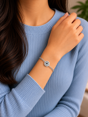 1.2 cm diameter multi cz stone studded evil eye 7'' long adjustable bracelet in pure silver