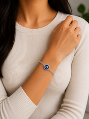 1.2 cm diameter evil eye bead bracelet with a ring and 7.2'' long chain in pure silver
