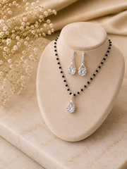 8mm cz stone pendant + 18'' long mangalsutra chain with matching four cz studs in pure silver