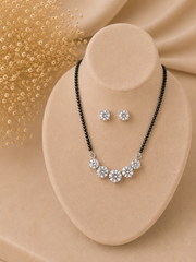 Five cz stone 18'' long mangalsutra with matching 7mm cz studs in pure silver
