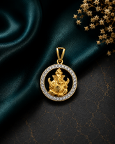 Round cz stone studded Ganesha motif pendant with 22 kt. gold plated in pure silver