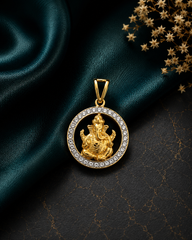 Round cz stone studded Ganesha motif pendant with 22 kt. gold plated in pure silver