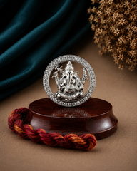 Divine Ganesha Pure Silver Idol with a cz stone border on a rosewood base