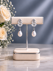 3cm long marquise cut cz stone studs with pearl hangings crafted in pure silver