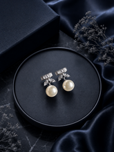 Baguette cut cz stone pearl drop studs in pure silver