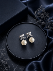 Baguette cut cz stone pearl drop studs in pure silver