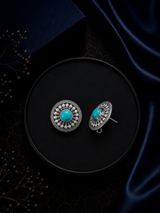 2 cm diameter carving rava work studs with a turquoise stone center in pure silver
