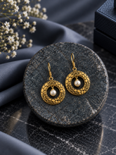 Snake scale pattern pearl drop hangings with 22kt gold plating made in pure silver