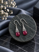 Dark pink cut stone carving work hanging earrings in pure silver