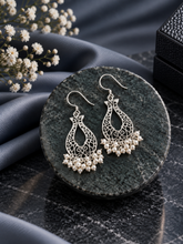 Filigree cut work earrings with pearl clusters in pure silver