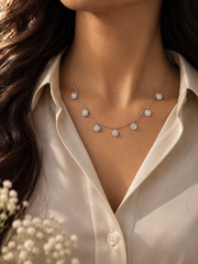 Seven cz flower adjustable 15-17inch necklace in pure silver