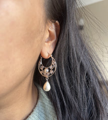 Floral pattern cz stone balis with pearls set in and pearl drops in pure silver