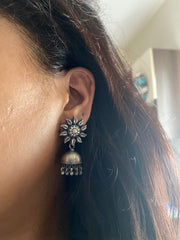 Antique finish flower studs with hammered jhumkas in pure silver
