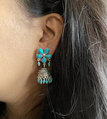 Turquoise stone flower stud pattern jhumkas in pure silver