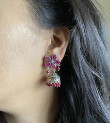 Ruby pink cut stone flower stud pattern jhumkas in pure silver