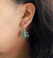Green onyx (commercial) cut stone flower loops in pure silver (big size)