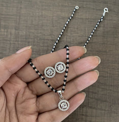 9mm multi cz stone pendant + 18'' long mangalsutra chain with matching studs in pure silver