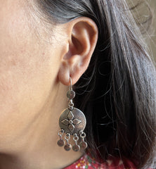 Round hangings with flower applique and gypsy drops in pure silver