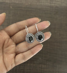 Oval rava work black cz loops in pure silver