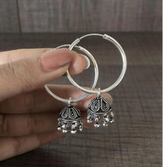 3 cm thick plain silver balis with small carving work jhumkas in pure silver