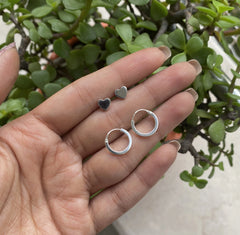 Combo - 7, Flat heart studs and 1.2cm diameter plain bali combo in pure silver