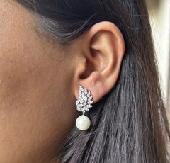 Multi cz stone paisley pattern pearl drop studs in pure silver