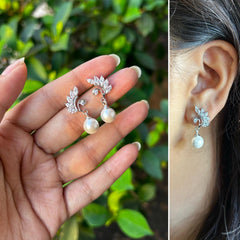 Multi cz stone peacock studs with pearl drops in pure silver