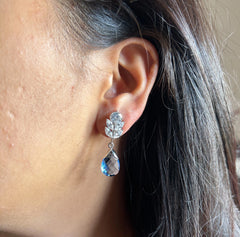 3.5 cm long marquise cut cz stone studs with light blue drops in pure silver