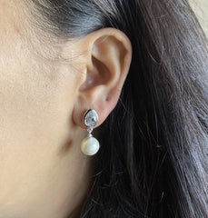 Kundan cut cz stone studs with pearl drops made in pure silver