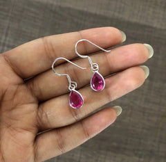 Flat pink tear drop cz stone hangings in pure silver