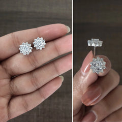 Pure silver 1 cm diameter compact cz stone flower pattern studs