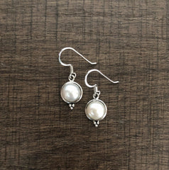 1 cm diameter fresh water pearl drop hangings in pure silver