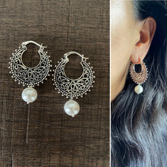 Filigree cut work balis with single round pearl drops in pure silver